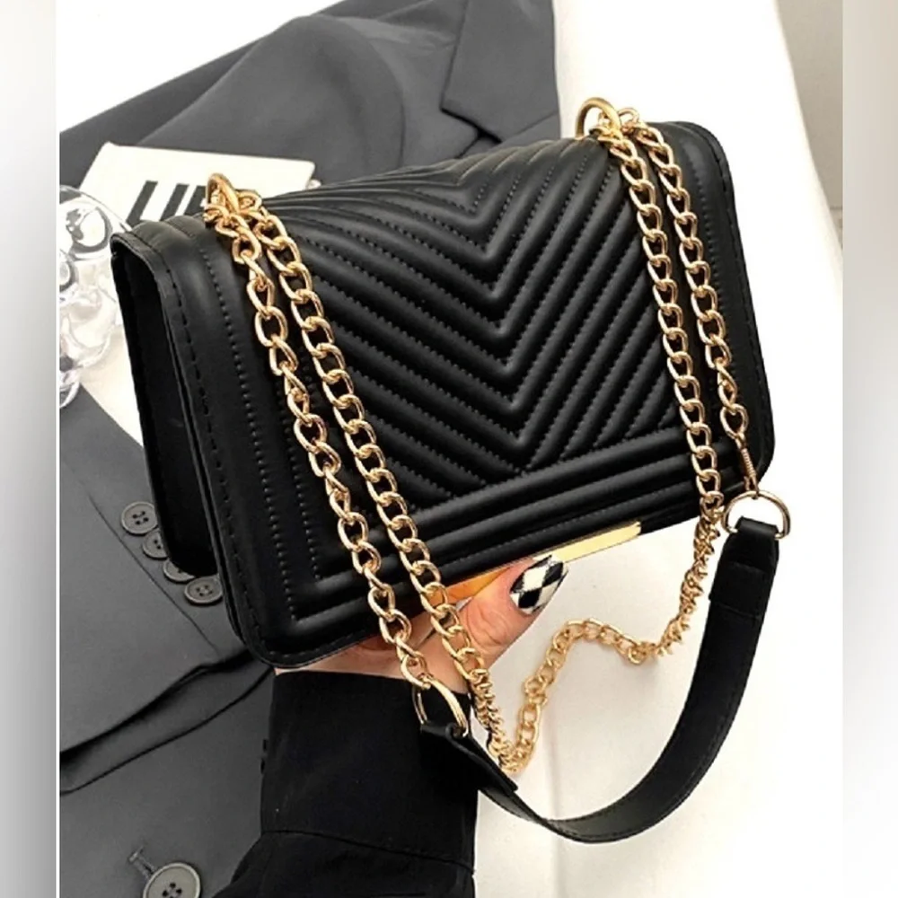 New!Black VEGAN LEATHER CHEVRON GRID CROSSBODY SHOULDER FLAP BAG_2